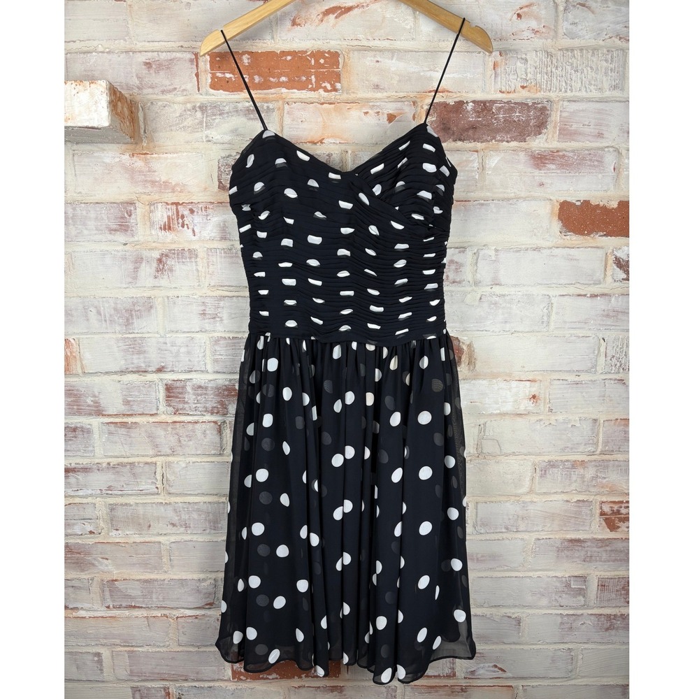 Ralph Lauren Y2K Black Polka Dot Dress Size 6 Ruched Chiffon Flowy Draped Hem